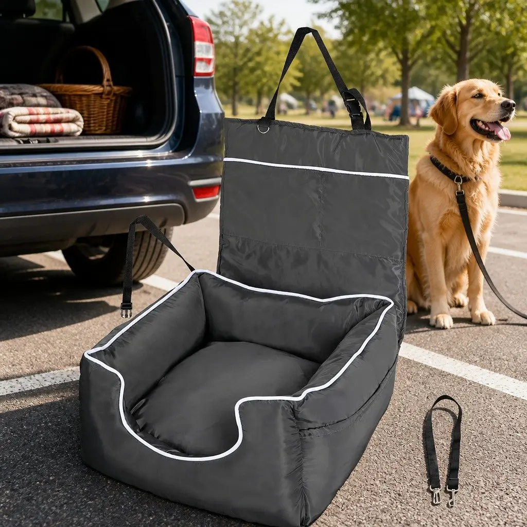 Dog Car Booster Seat Belt Pet Backrest Waterproof Travel Carrier Bed Grey