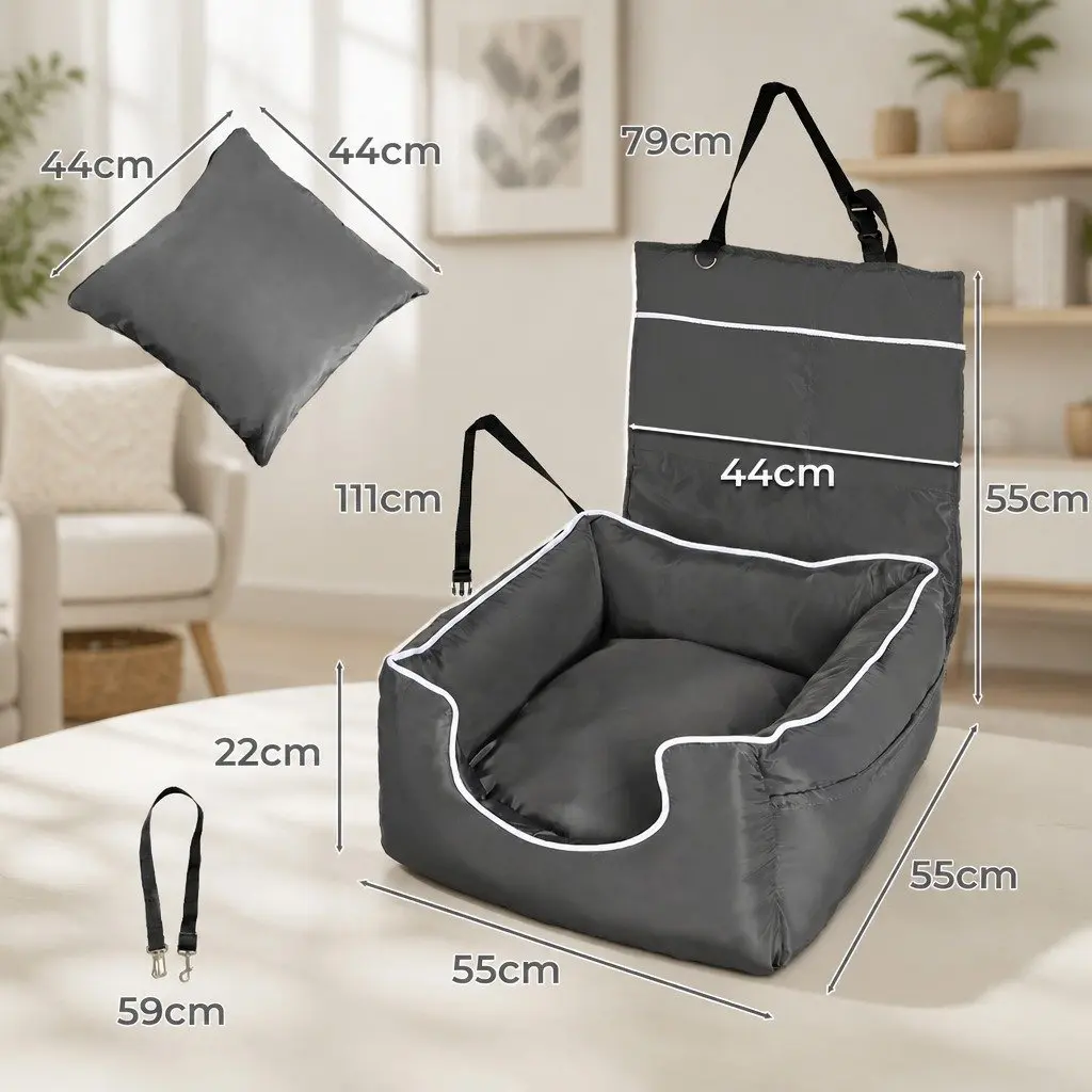 Dog Car Booster Seat Belt Pet Backrest Waterproof Travel Carrier Bed Grey