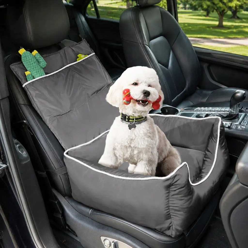 Dog Car Booster Seat Belt Pet Backrest Waterproof Travel Carrier Bed Grey
