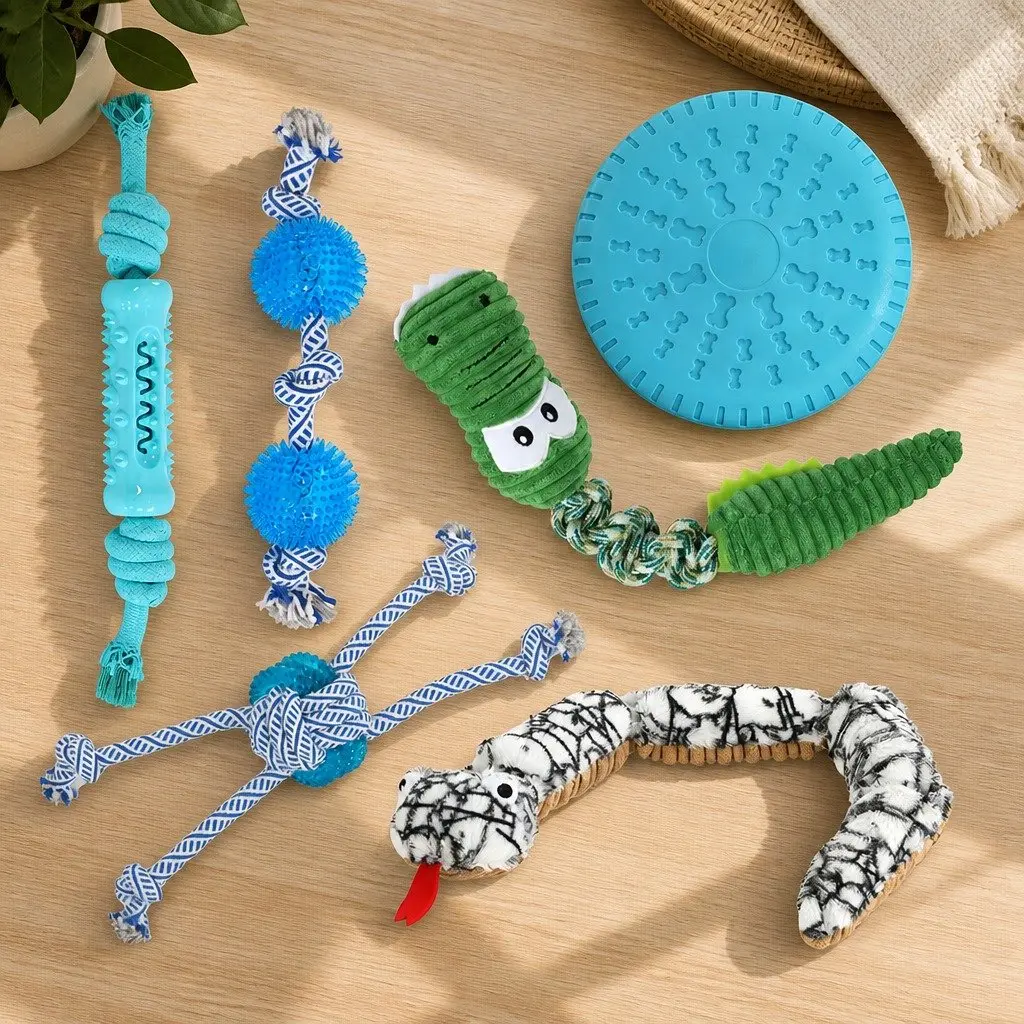 Dog Chew Toys Set Squeaky Puppy Pet Toys Snake Rope Frisbee Play Toys