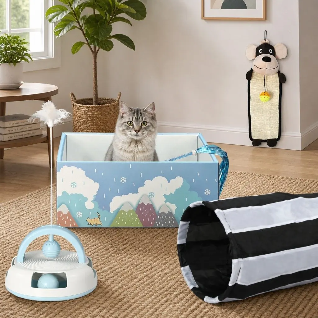 Interactive Cat Toy Bundle Tunnel Scratching Pad Wand Feather for Play Activities