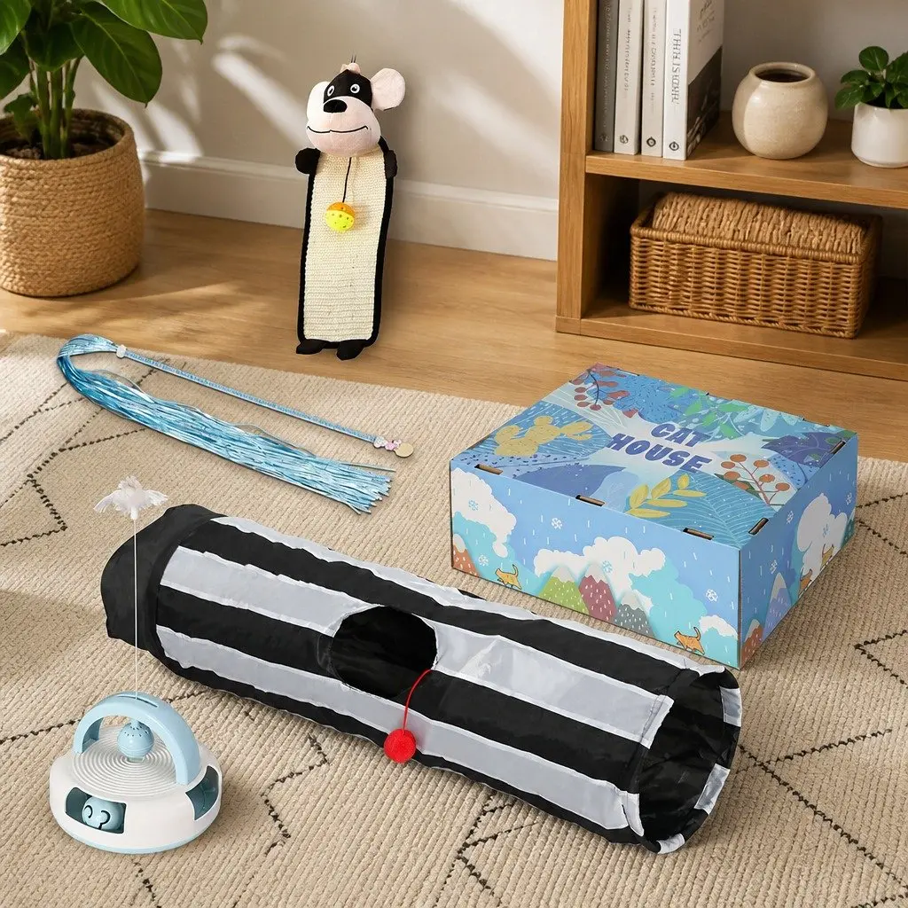 Interactive Cat Toy Bundle Tunnel Scratching Pad Wand Feather for Play Activities
