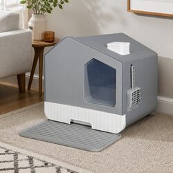 Fully Enclosed Cat Litter Box with Pull-Out Mat Grey Privacy Shelter Tray Scoop
