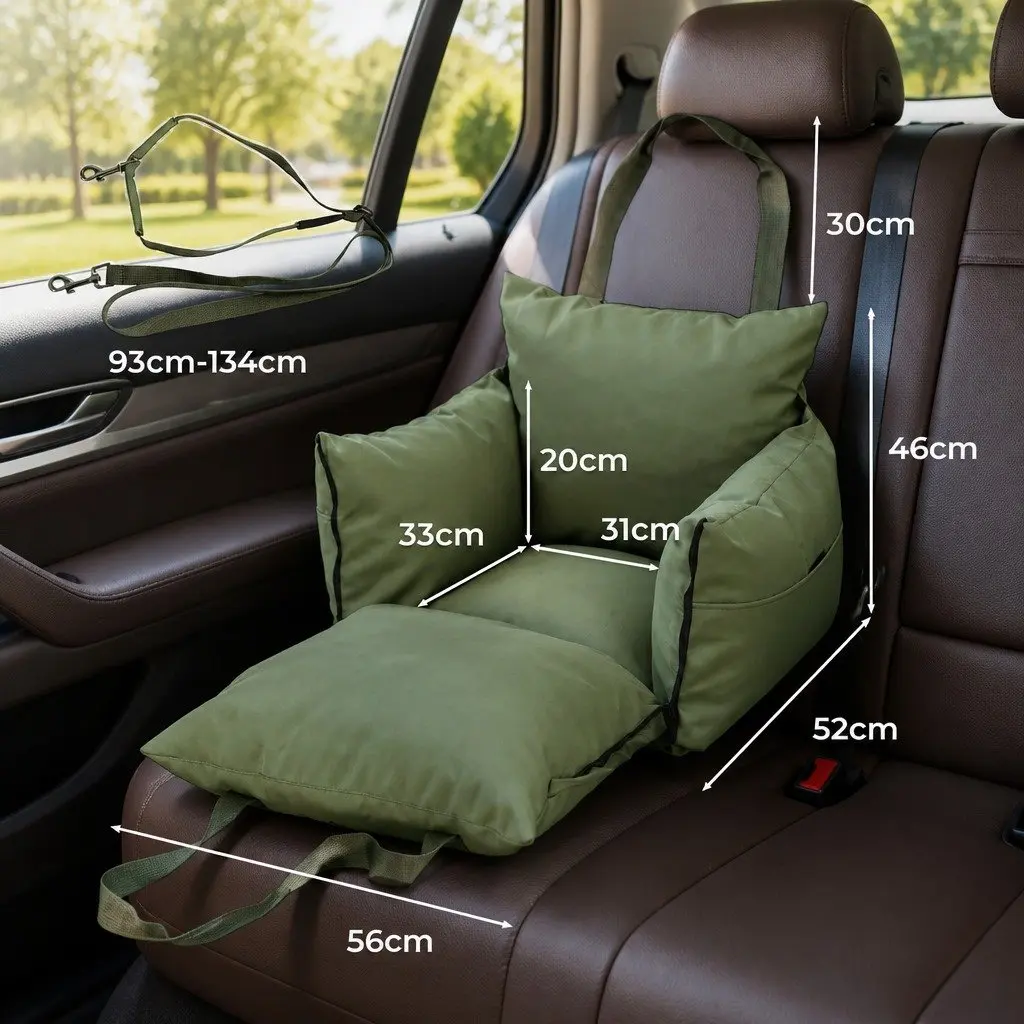Dog Car Seat Booster with Adjustable Safety Belt Storage Pockets Pet Travel