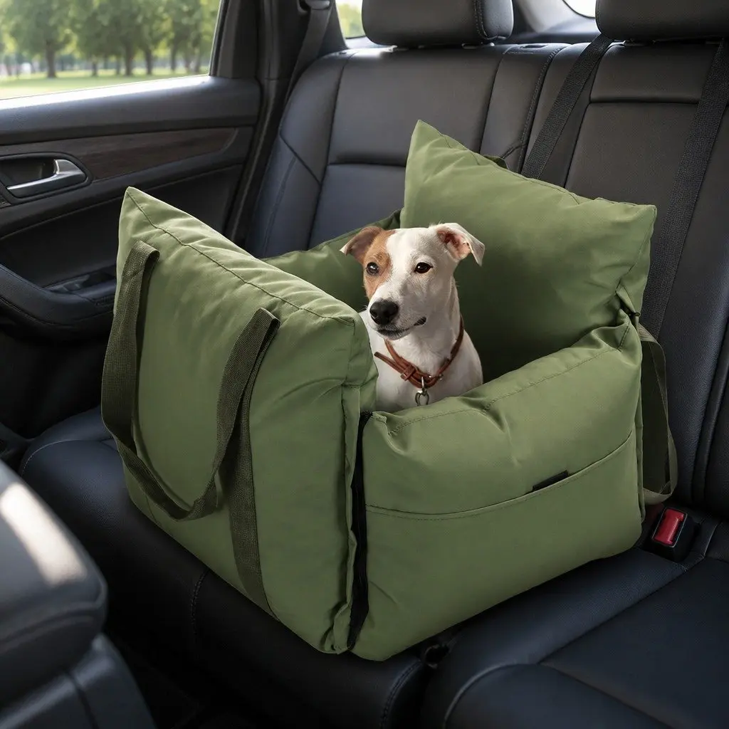 Dog Car Seat Booster with Adjustable Safety Belt Storage Pockets Pet Travel