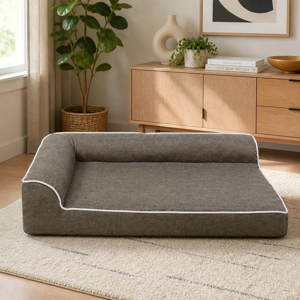 Orthopedic Memory Foam Pet Bed Medium Coffee L-Shaped Bolster Dog Sofa