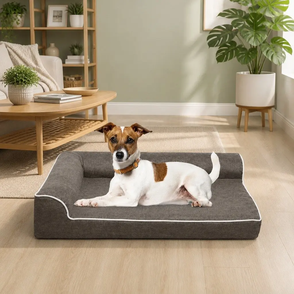 Orthopedic Memory Foam Pet Bed Medium Coffee L-Shaped Bolster Dog Sofa