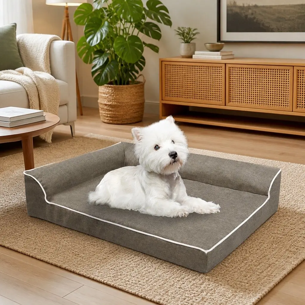 Orthopedic Memory Foam Pet Bed Medium Coffee L-Shaped Bolster Dog Sofa