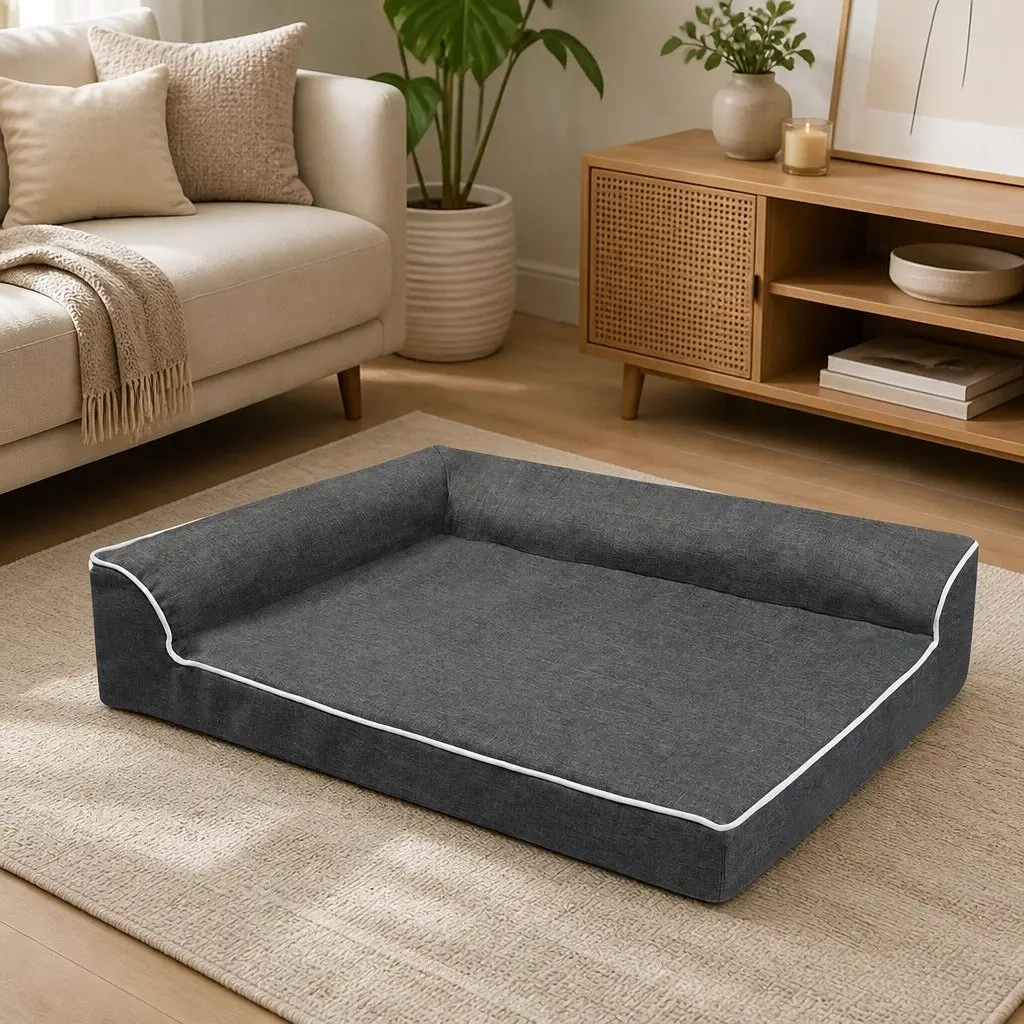 Orthopedic Dog Bed Large Grey Memory Foam Sofa Bolster Lounger Support