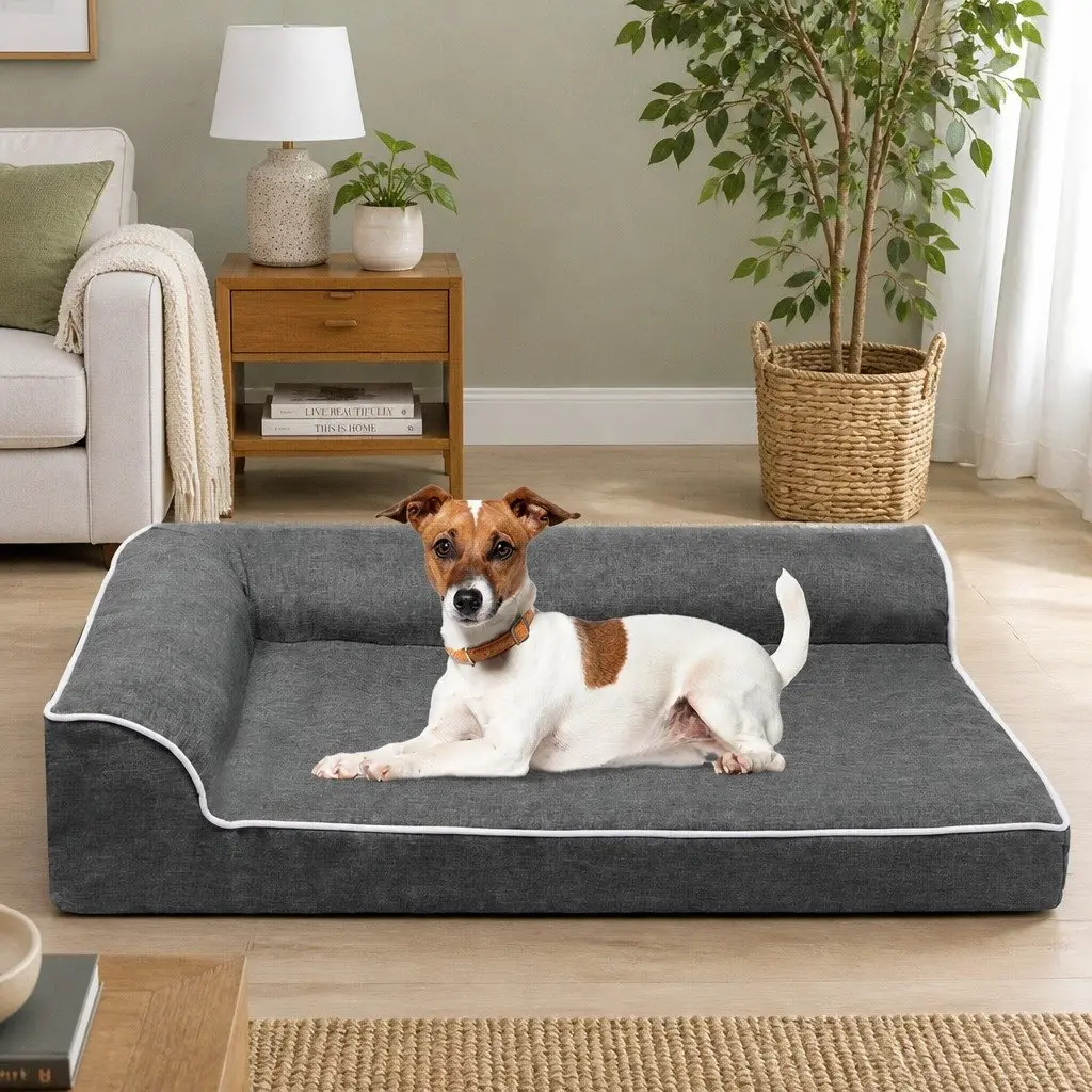 Orthopedic Dog Bed Large Grey Memory Foam Sofa Bolster Lounger Support