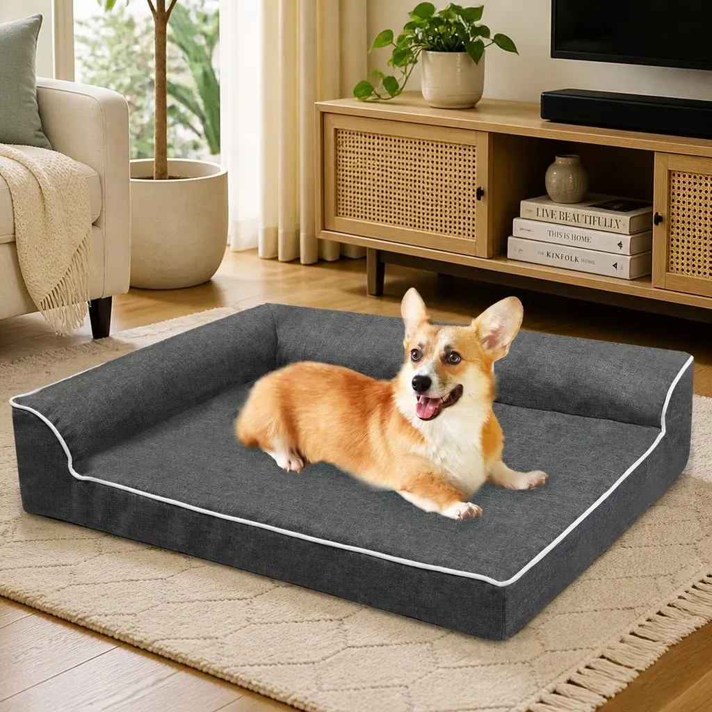 Orthopedic Dog Bed Large Grey Memory Foam Sofa Bolster Lounger Support