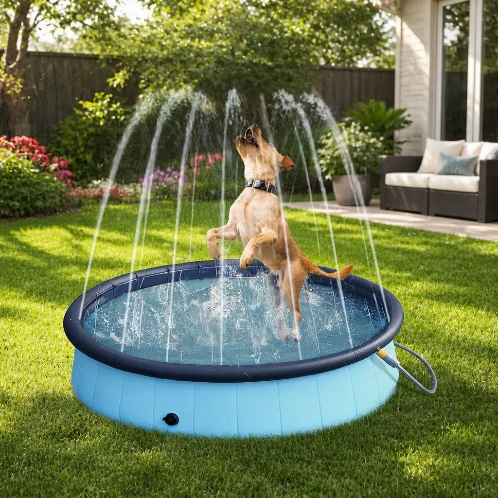 Folding Dog Swimming Pool Portable Pet Bath Fountain Sprinkler Interactive Play