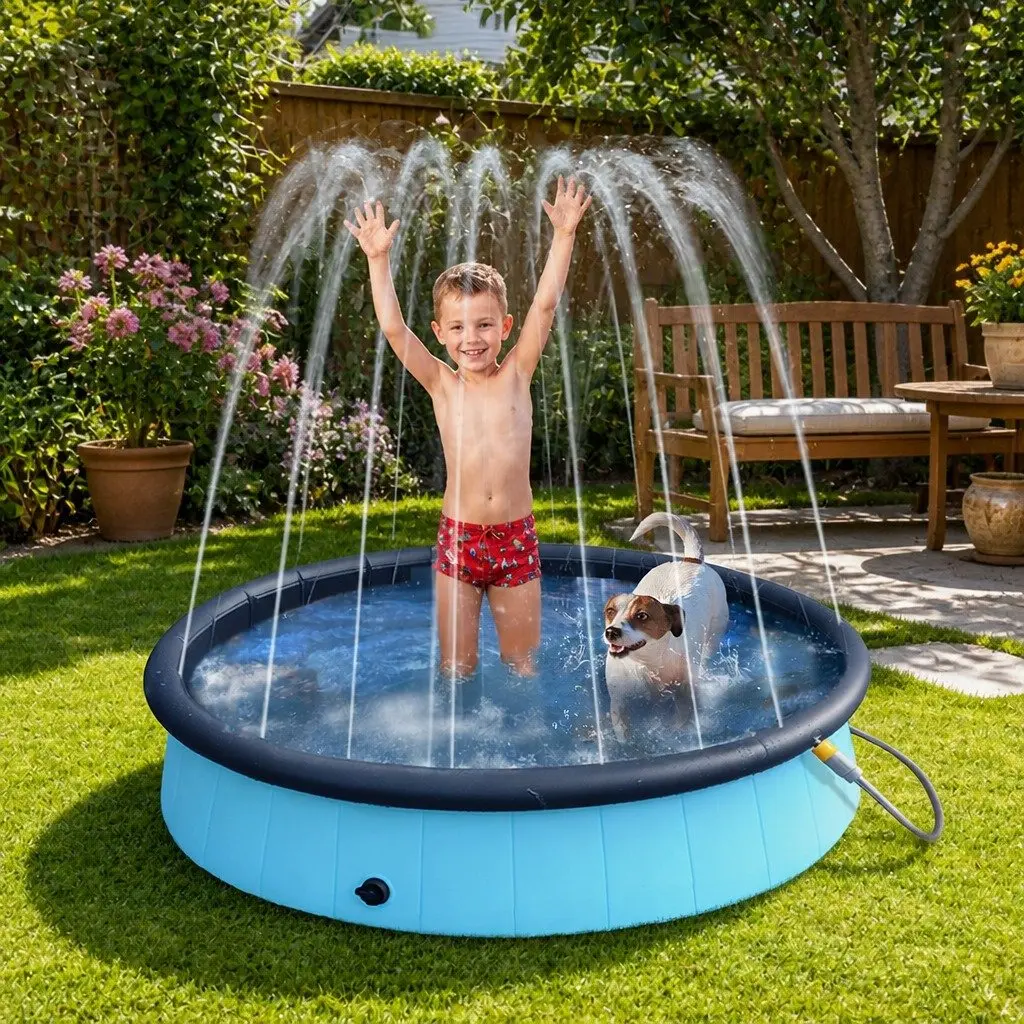 Folding Dog Swimming Pool Portable Pet Bath Fountain Sprinkler Interactive Play