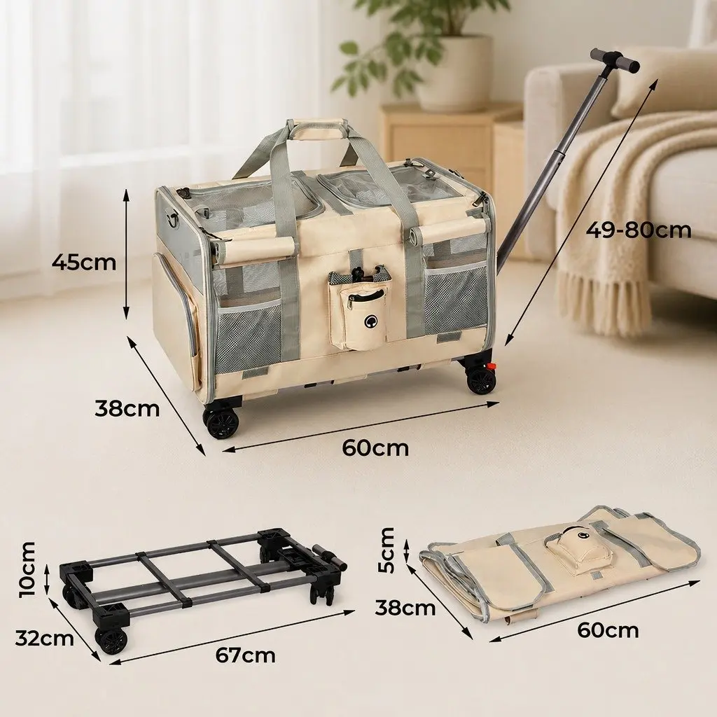 Pet Carrier Rolling Backpack Travel Crate 60cm x 38cm x 45cm
