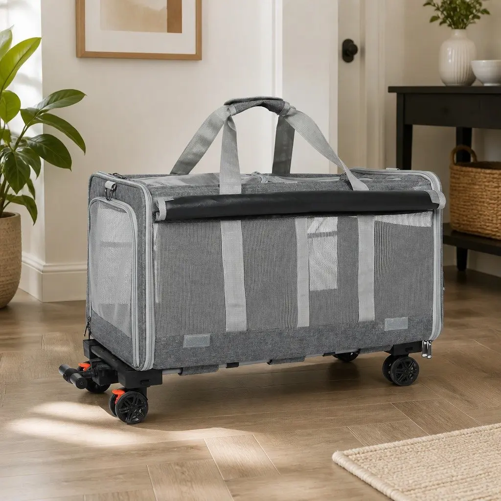 Pet Carrier Rolling Backpack Trolley for Dogs Cats Foldable 60cm x 38cm x 45cm Grey