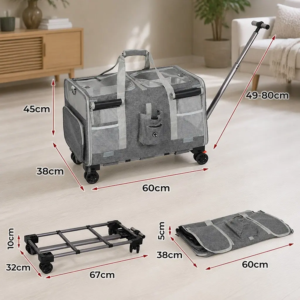 Pet Carrier Rolling Backpack Trolley for Dogs Cats Foldable 60cm x 38cm x 45cm Grey