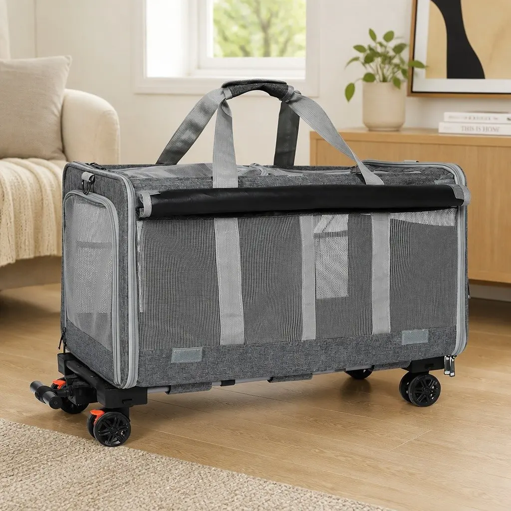 Pet Carrier Rolling Backpack Trolley for Dogs Cats Foldable 60cm x 38cm x 45cm Grey