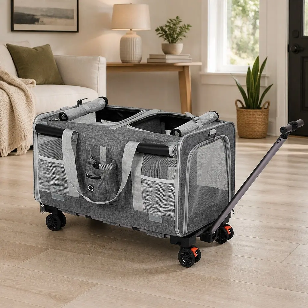 Pet Carrier Rolling Backpack Trolley for Dogs Cats Foldable 60cm x 38cm x 45cm Grey