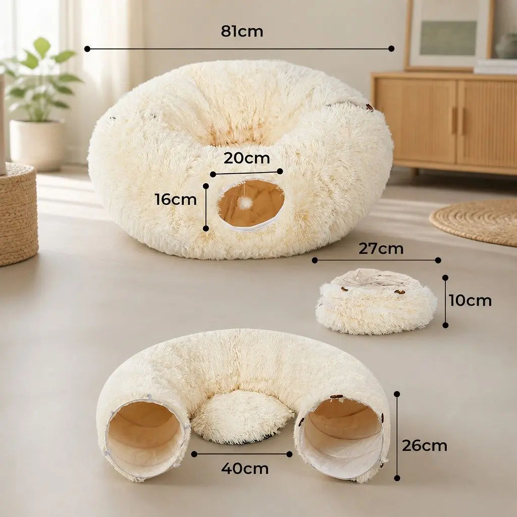 Cat Tunnel Bed Foldable Plush Play Tube Beige Collapsible Pet Kitten
