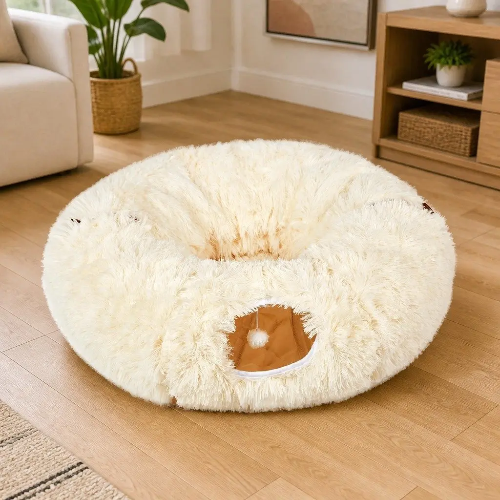Cat Tunnel Bed Foldable Plush Play Tube Beige Collapsible Pet Kitten