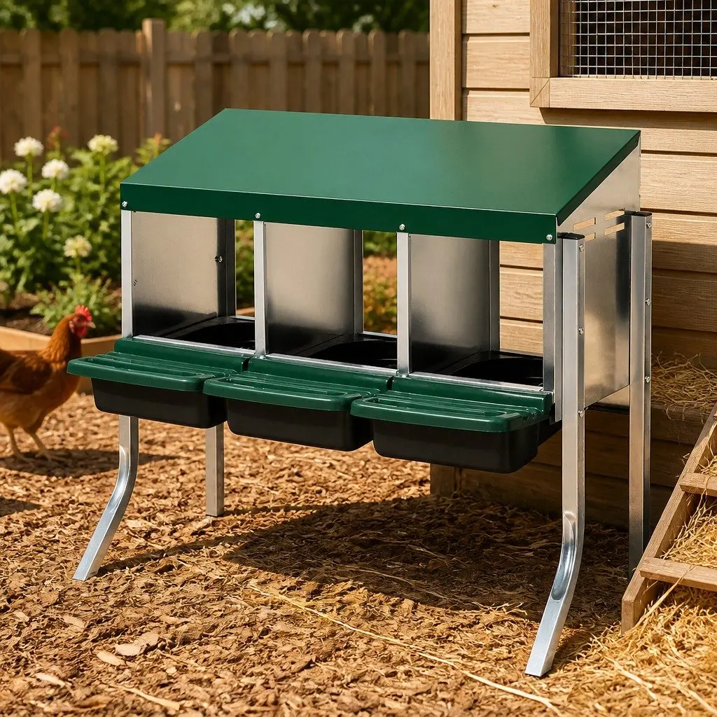 Chicken Egg Nesting Box 3-Hole Roll Away Poultry Coop Hutch Galvanized Steel