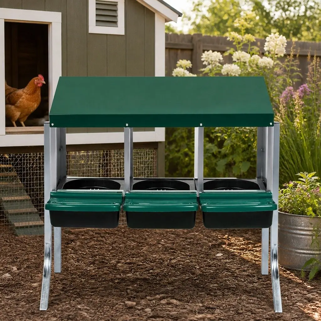 Chicken Egg Nesting Box 3-Hole Roll Away Poultry Coop Hutch Galvanized Steel