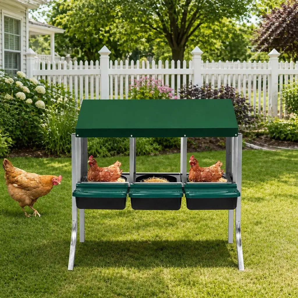 Chicken Egg Nesting Box 3-Hole Roll Away Poultry Coop Hutch Galvanized Steel