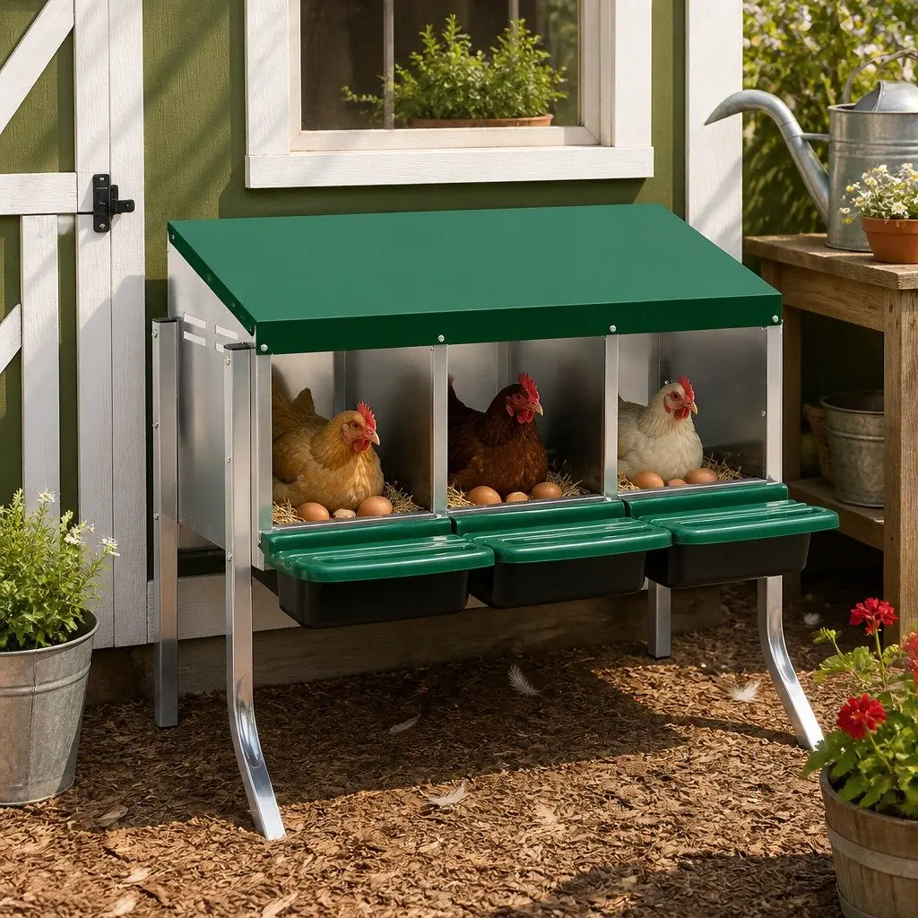 Chicken Egg Nesting Box 3-Hole Roll Away Poultry Coop Hutch Galvanized Steel