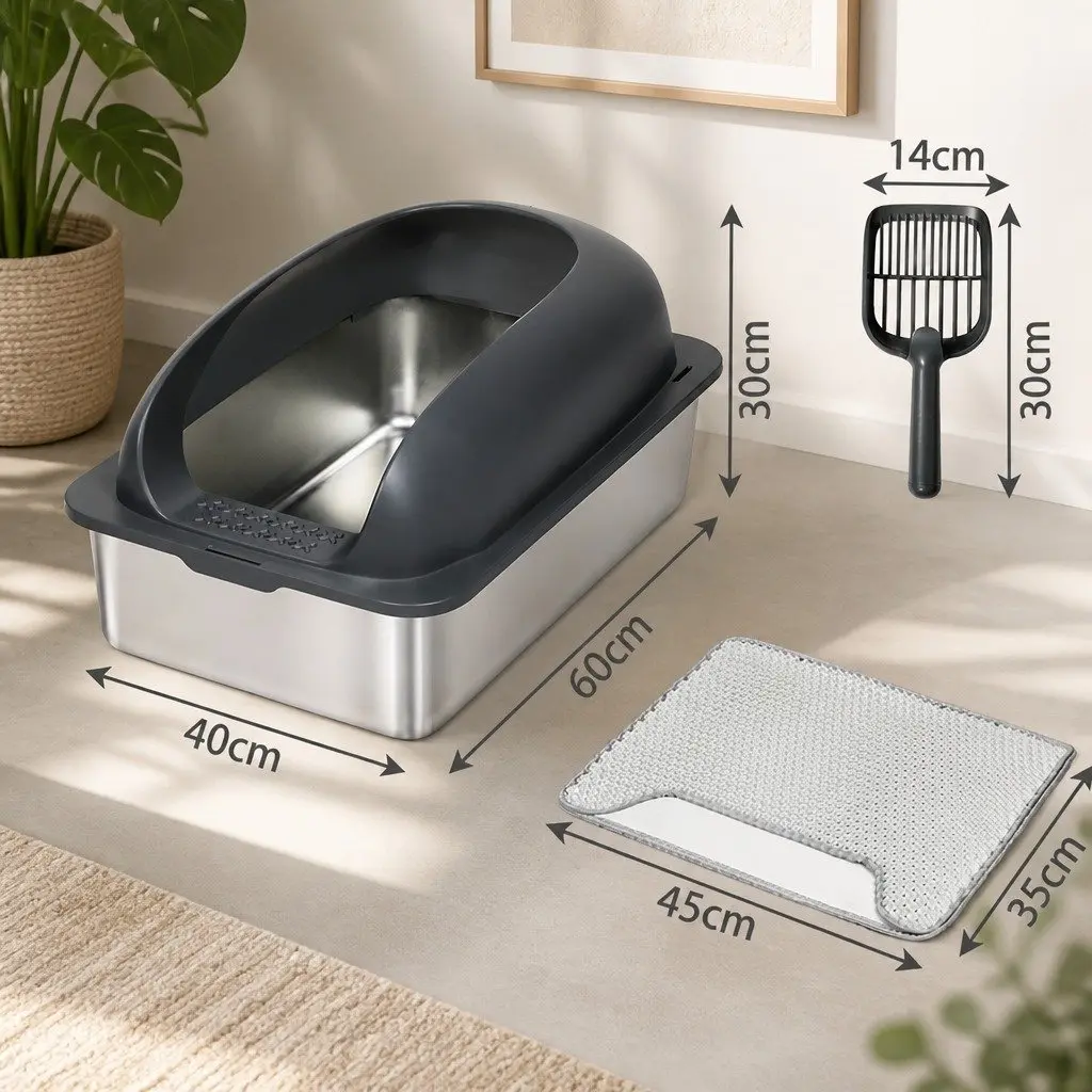 Cat Litter Box Stainless Steel Large 20L Capacity Open Design with Mat Scoop