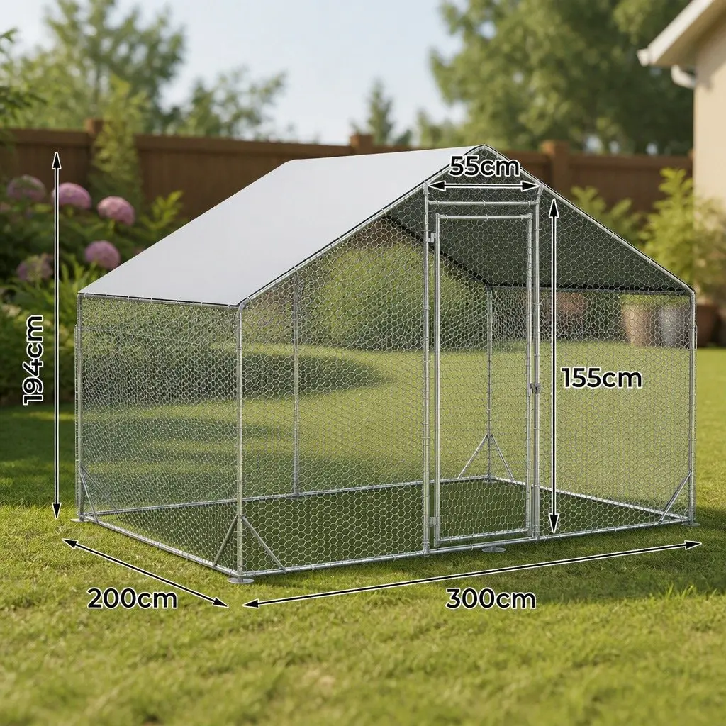 Large Metal Walk-in Chicken Coop 200x300x194cm Poultry Cage Enclosure Ducks