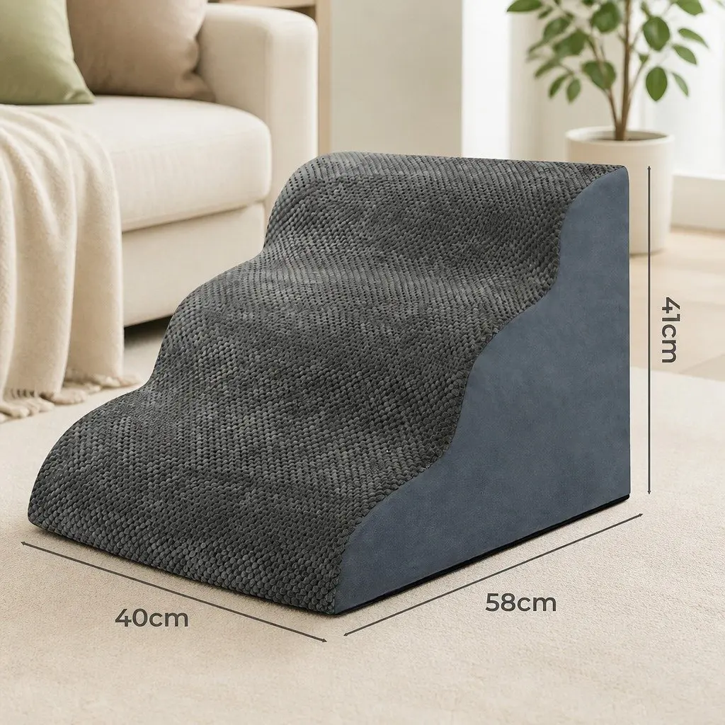 3-Step Pet Stairs Dog Ramp High Density Foam Non-Slip Portable Handle Grey