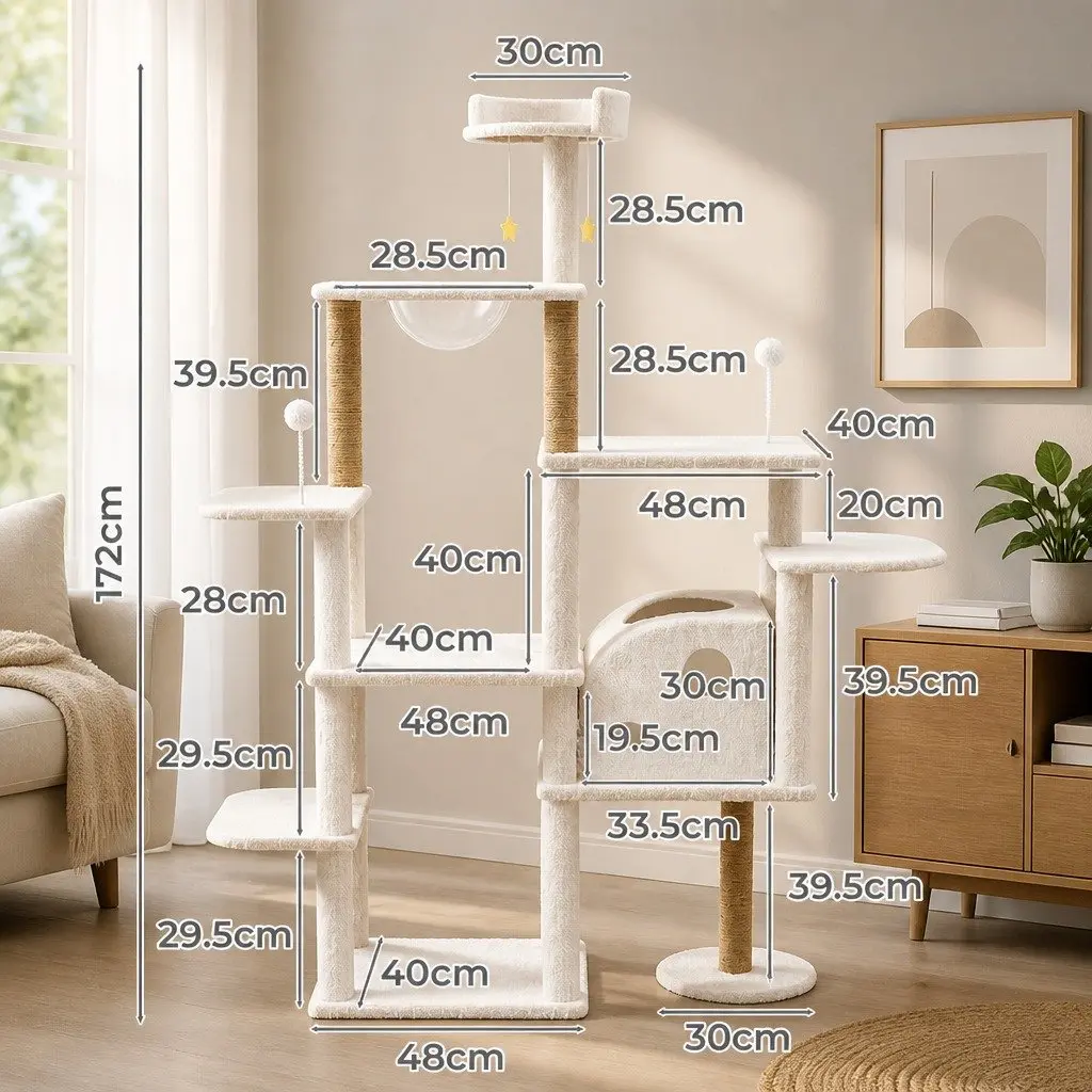 Cat Tree Tower Large Scratcher Condo House 172cm Multi-Level Climbing Platform