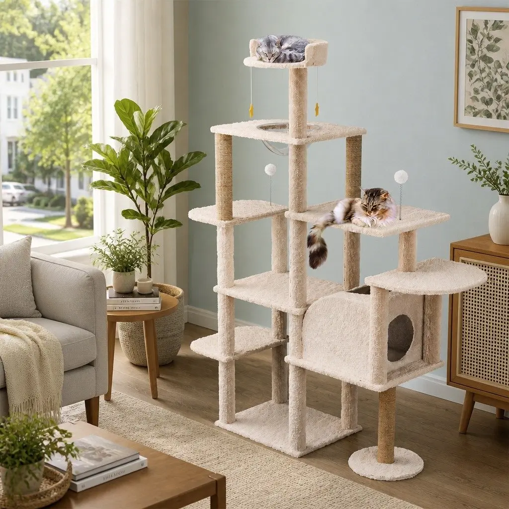 Cat Tree Tower Large Scratcher Condo House 172cm Multi-Level Climbing Platform