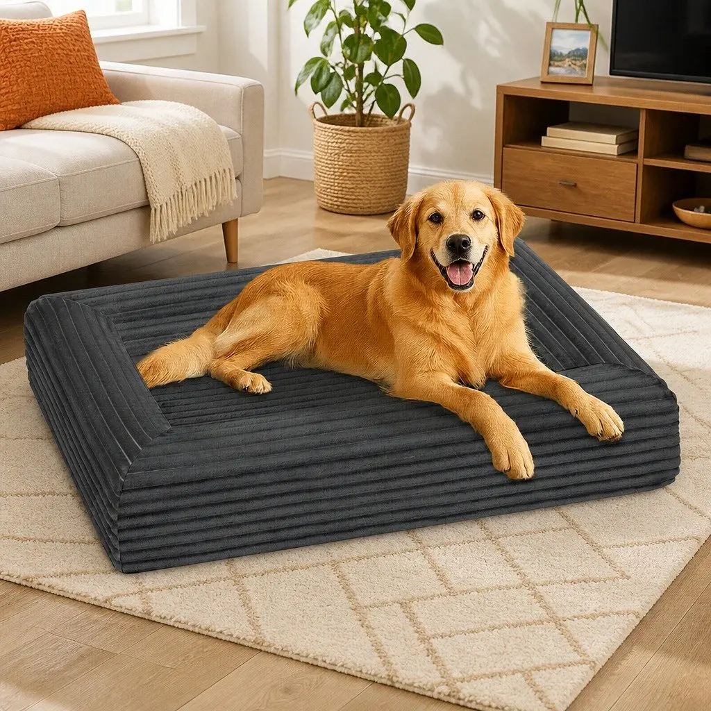 Orthopedic Dog Bed XL for Pets Grey Corduroy Removable Washable Cover Waterproof