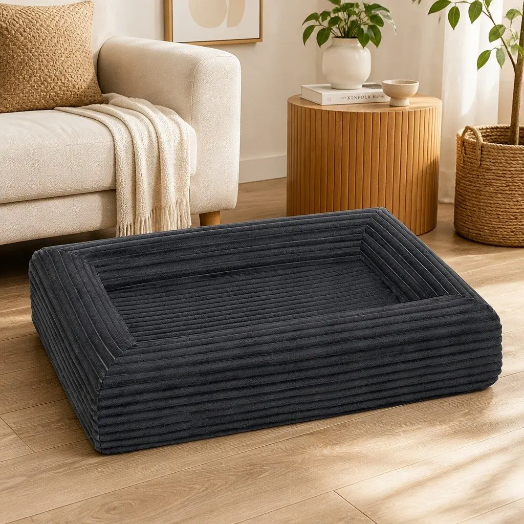 Orthopedic Dog Bed XL for Pets Grey Corduroy Removable Washable Cover Waterproof