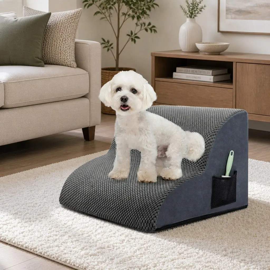 Pet Stairs 2 Steps Dog Ramp High Density Foam Non Slip Portable Handle Grey
