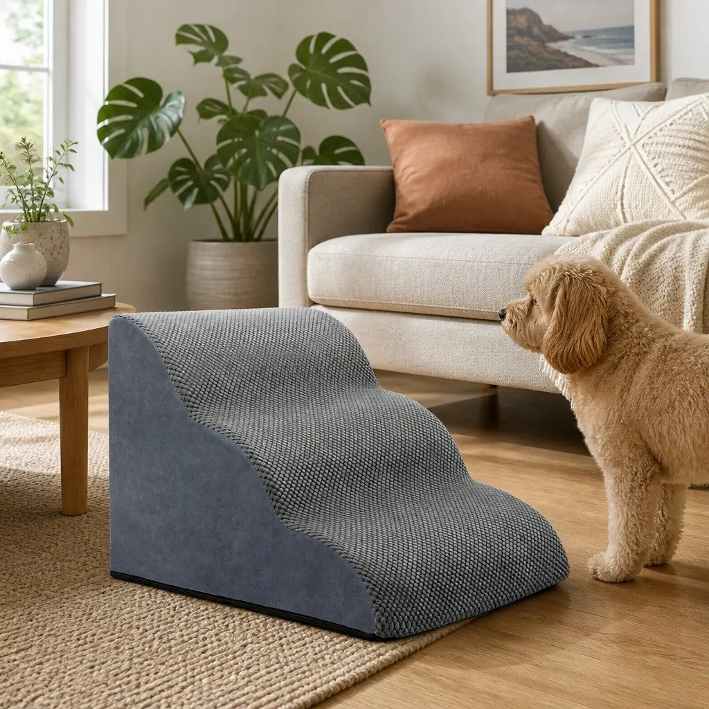 Pet Stairs 3 Steps for Dogs High Density Foam Non-Slip Portable Handle Grey