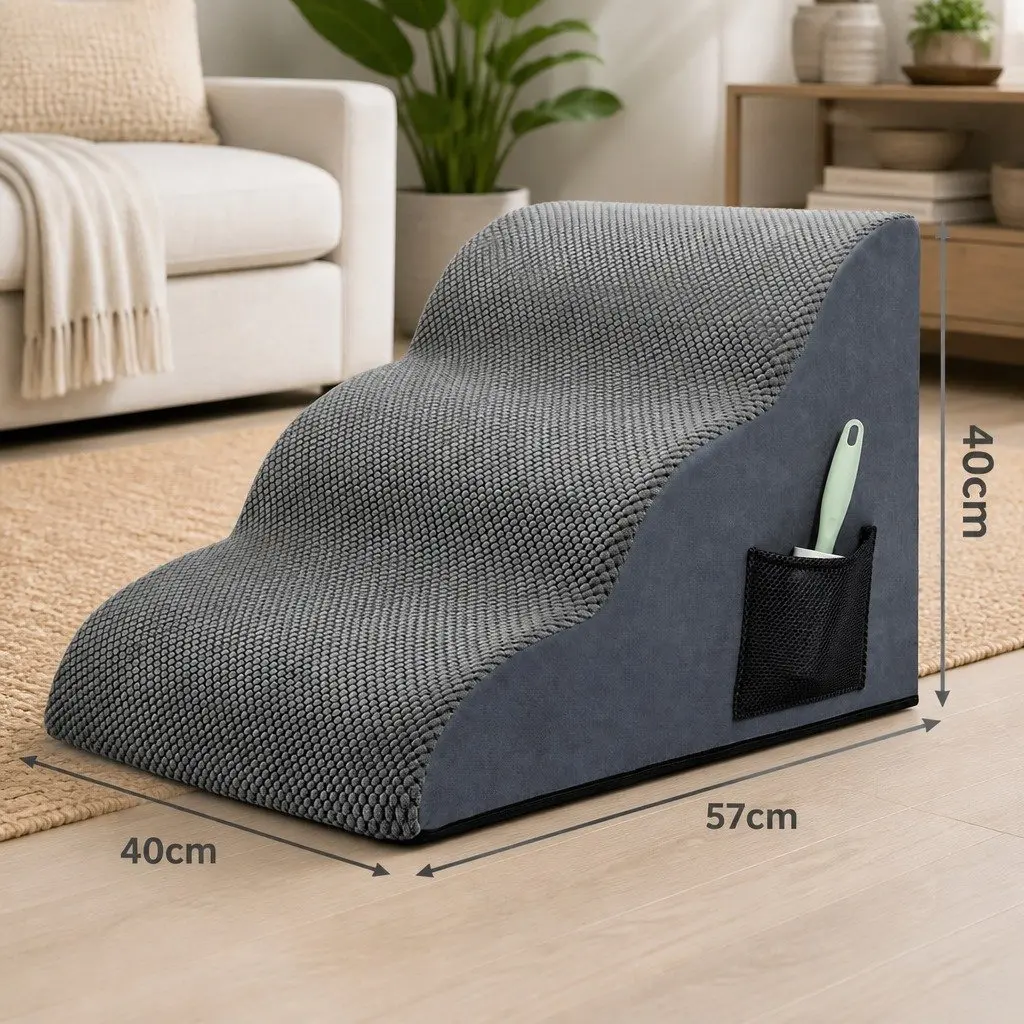 Pet Stairs 3 Steps for Dogs High Density Foam Non-Slip Portable Handle Grey