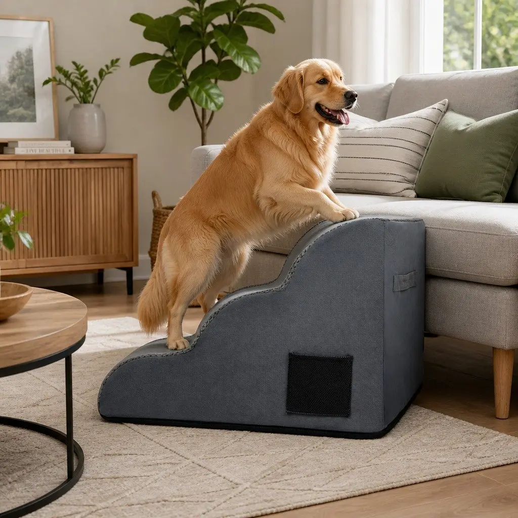 Pet Stairs 3 Steps for Dogs High Density Foam Non-Slip Portable Handle Grey