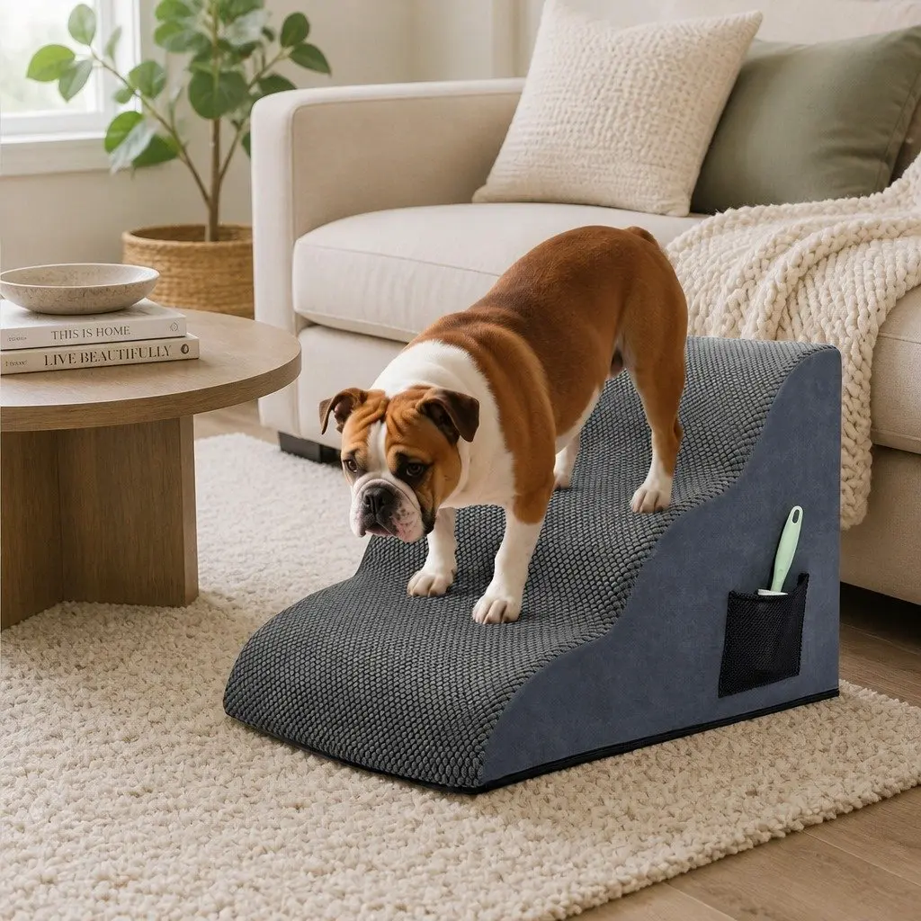 Pet Stairs 3 Steps for Dogs High Density Foam Non-Slip Portable Handle Grey