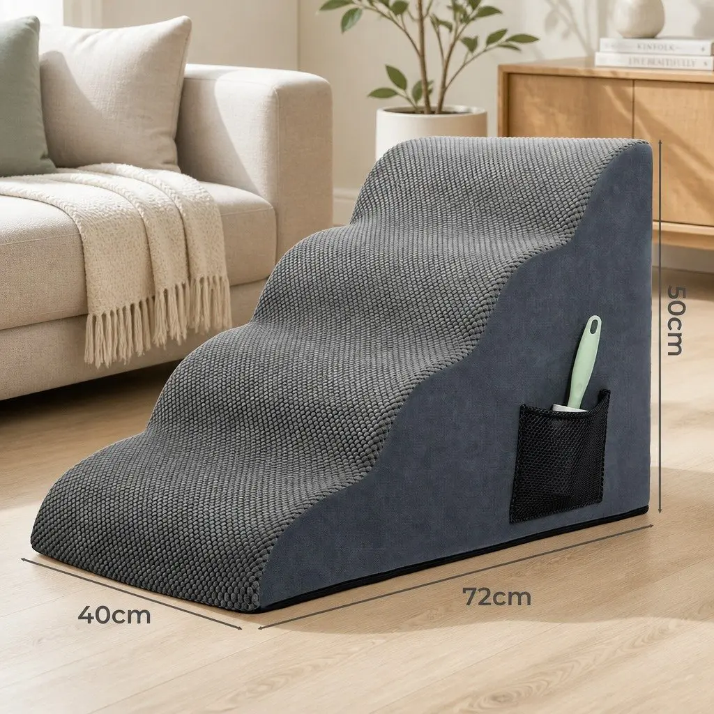 Pet Stairs 4 Steps for Dogs High Density Foam Non-Slip Portable Handle Grey