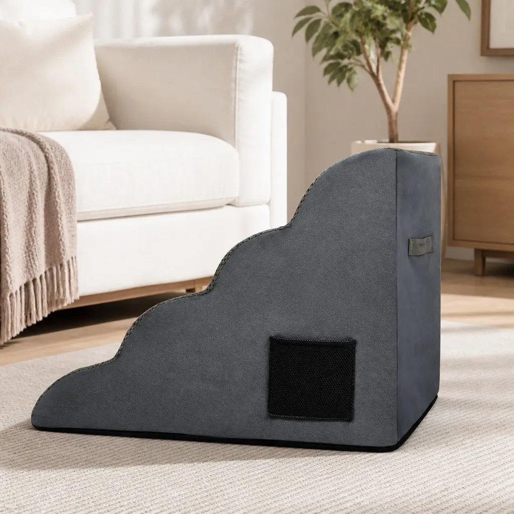 Pet Stairs 4 Steps for Dogs High Density Foam Non-Slip Portable Handle Grey