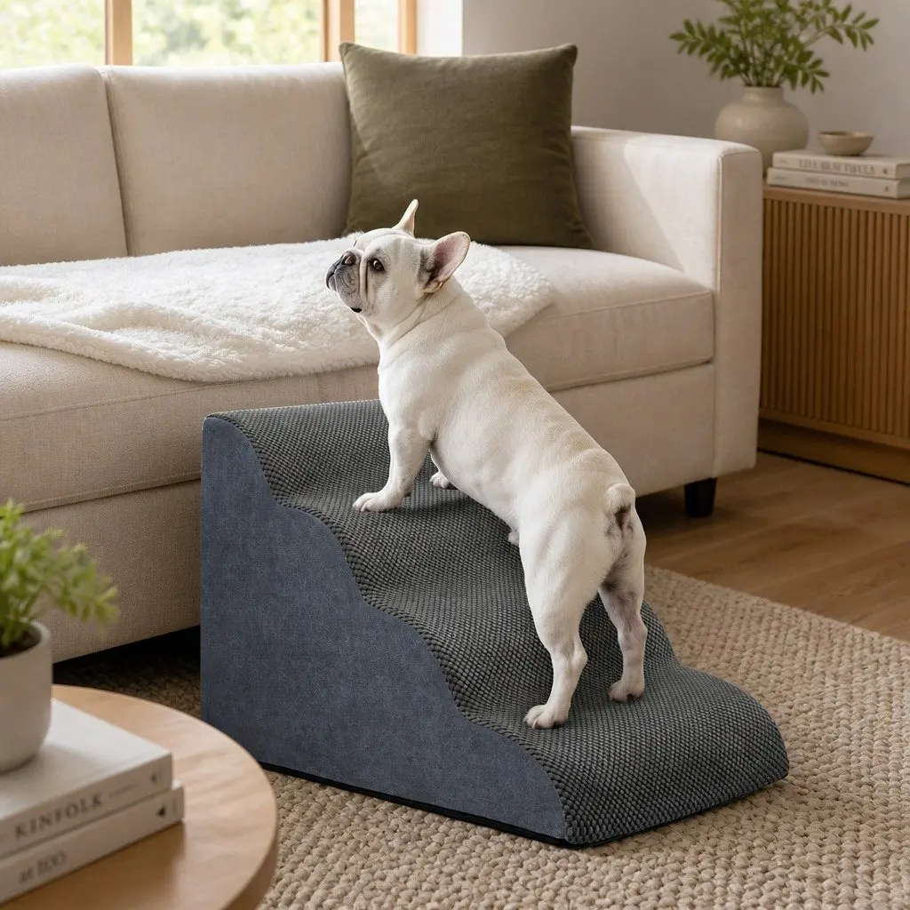 Pet Stairs 4 Steps for Dogs High Density Foam Non-Slip Portable Handle Grey