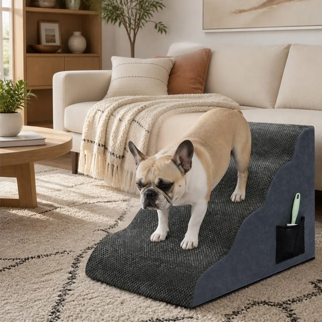 Pet Stairs 4 Steps for Dogs High Density Foam Non-Slip Portable Handle Grey