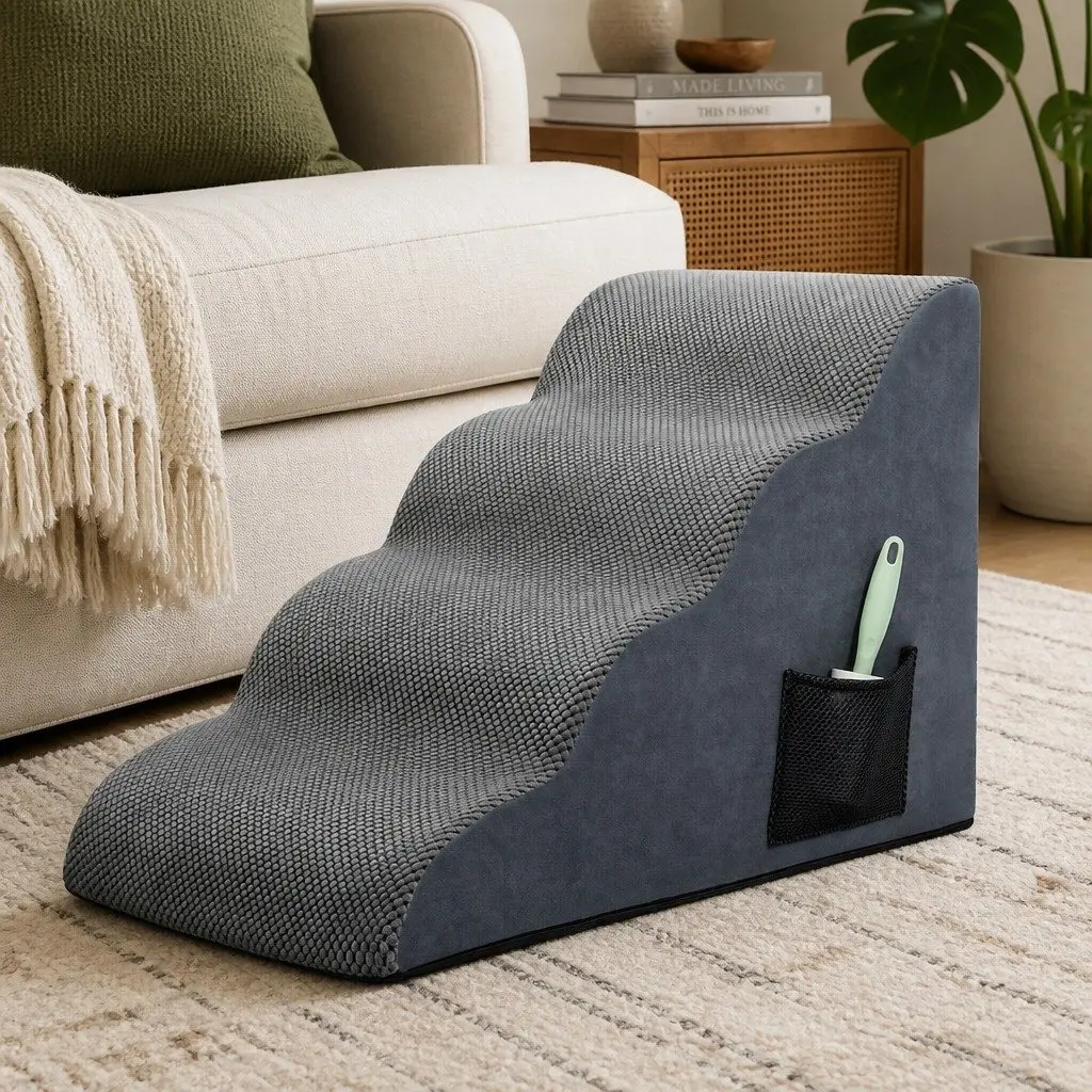 Pet Stairs 4 Steps for Dogs High Density Foam Non-Slip Portable Handle Grey