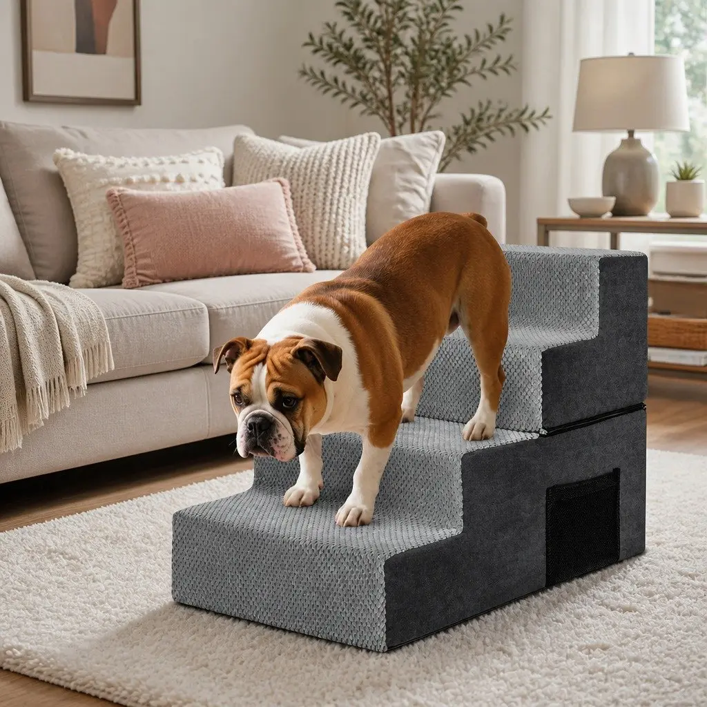 Pet Stairs for Dogs and Cats 4 Step Non-Slip High Density Foam Portable Washable Cover 60cm L x 40cm W x 46cm H