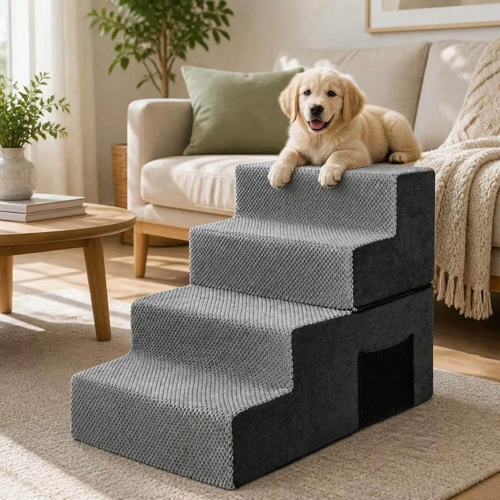 Pet Stairs for Dogs and Cats 4 Step Non-Slip High Density Foam Portable Washable Cover 60cm L x 40cm W x 46cm H