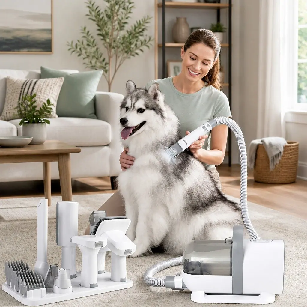 Pet Grooming Kit Vacuum Hair Dryer Remover 7 in 1 Dog Cat Deshedding Clipper