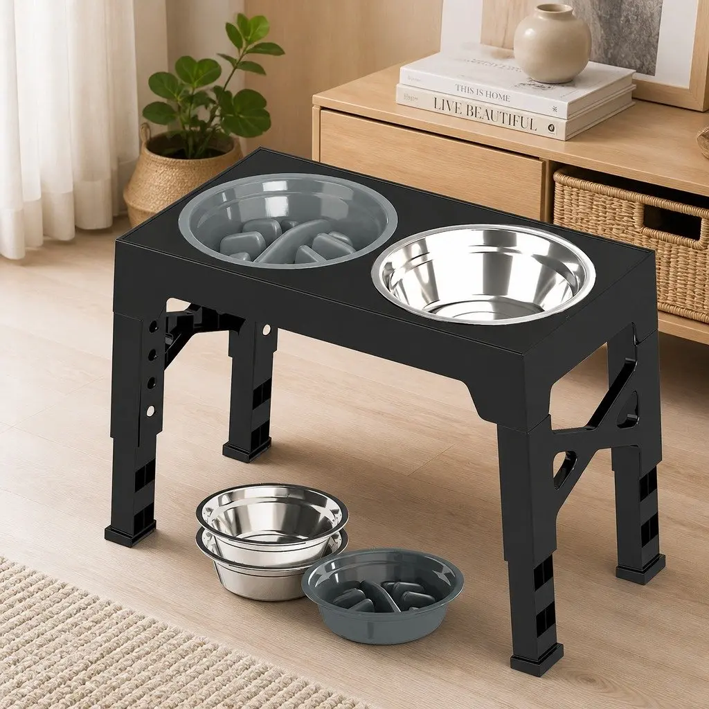 Elevated Dog Bowls Adjustable Heights Stainless Steel Slow Feeder Pet Feeding