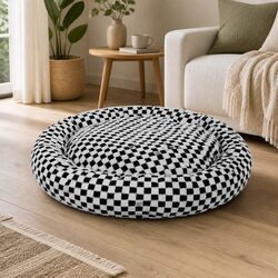 Circular Plush Dog Cosy Bed Checkered Pet Calming Sleep Cushion Removable Cover